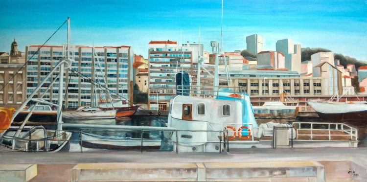 “Puerto de Vigo” Óleo sobre lienzo, 160 x 80 cm.Eila Pérez Vázquez. Colectivo Arte Miúda. Obra realizada para “Hotel Boutique Agua de Mar”. Vigo, 2015